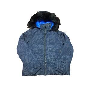Gap Outdoor Edition Winter Warmth Puffer Jacket Small Blue Camo Faux Fur Hood